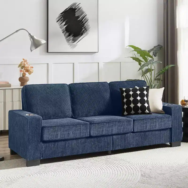 Canapé trois places en velours côtelé 83 po avec porte-gobelets, canapé nuage moderne moelleux pour salons, appartements compacts et bureaux