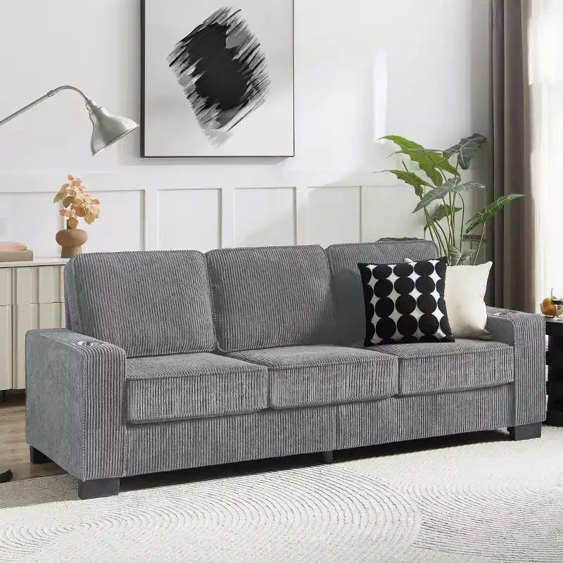 Canapé trois places en velours côtelé 83 po avec porte-gobelets, canapé nuage moderne moelleux pour salons, appartements compacts et bureaux