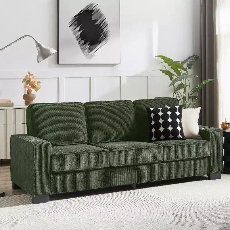 Canapé trois places en velours côtelé 83 po avec porte-gobelets, canapé nuage moderne moelleux pour salons, appartements compacts et bureaux