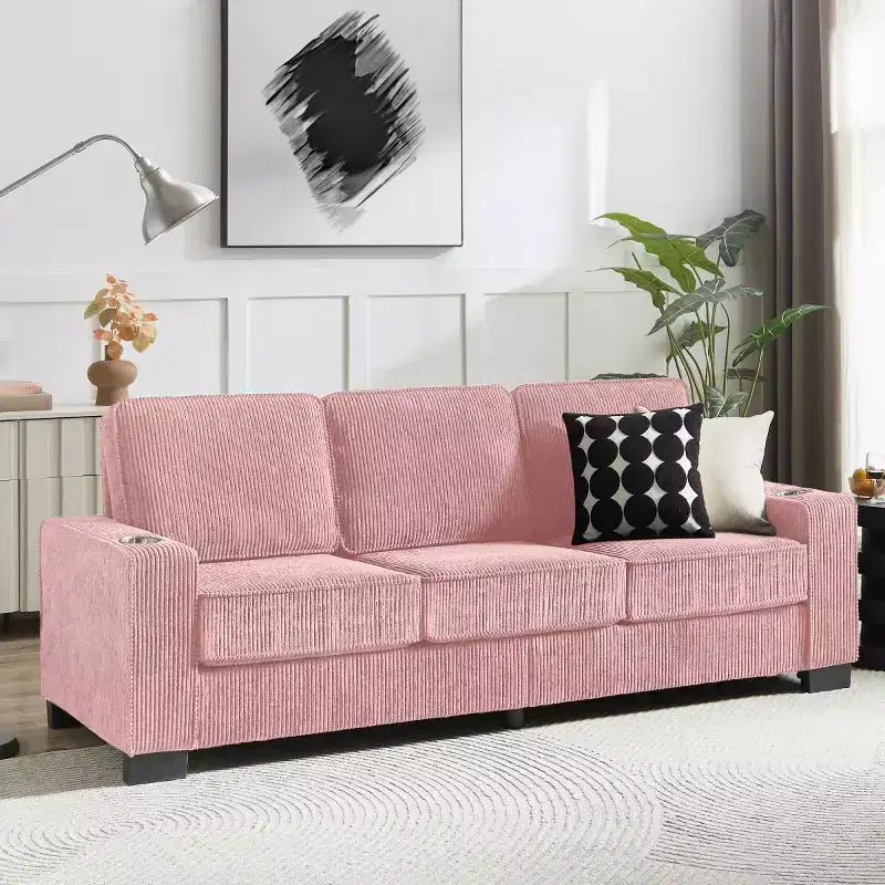 Canapé trois places en velours côtelé 83 po avec porte-gobelets, canapé nuage moderne moelleux pour salons, appartements compacts et bureaux