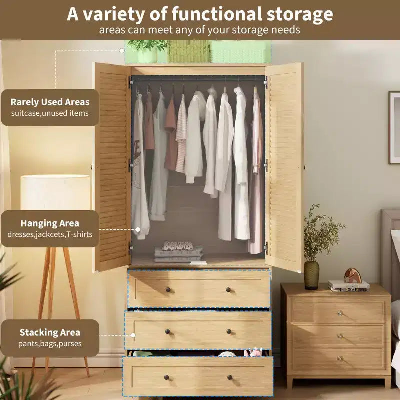 Armoire-penderie en bois avec tiroirs, meuble de rangement de 69,5 po avec tringle de suspension, design persienné à 2 portes pour chambre à coucher