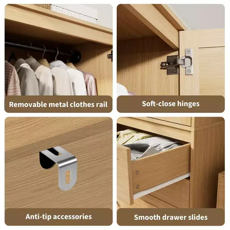 Armoire-penderie en bois avec tiroirs, meuble de rangement de 69,5 po avec tringle de suspension, design persienné à 2 portes pour chambre à coucher