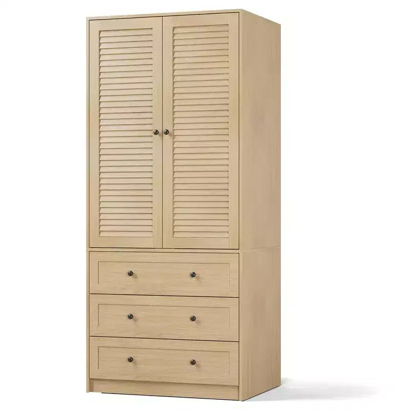 Armoire-penderie en bois avec tiroirs, meuble de rangement de 69,5 po avec tringle de suspension, design persienné à 2 portes pour chambre à coucher