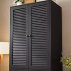 Armoire-penderie en bois avec tiroirs, meuble de rangement de 69,5 po avec tringle de suspension, design persienné à 2 portes pour chambre à coucher