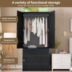 Armoire-penderie en bois avec tiroirs, meuble de rangement de 69,5 po avec tringle de suspension, design persienné à 2 portes pour chambre à coucher
