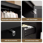 Armoire-penderie en bois avec tiroirs, meuble de rangement de 69,5 po avec tringle de suspension, design persienné à 2 portes pour chambre à coucher