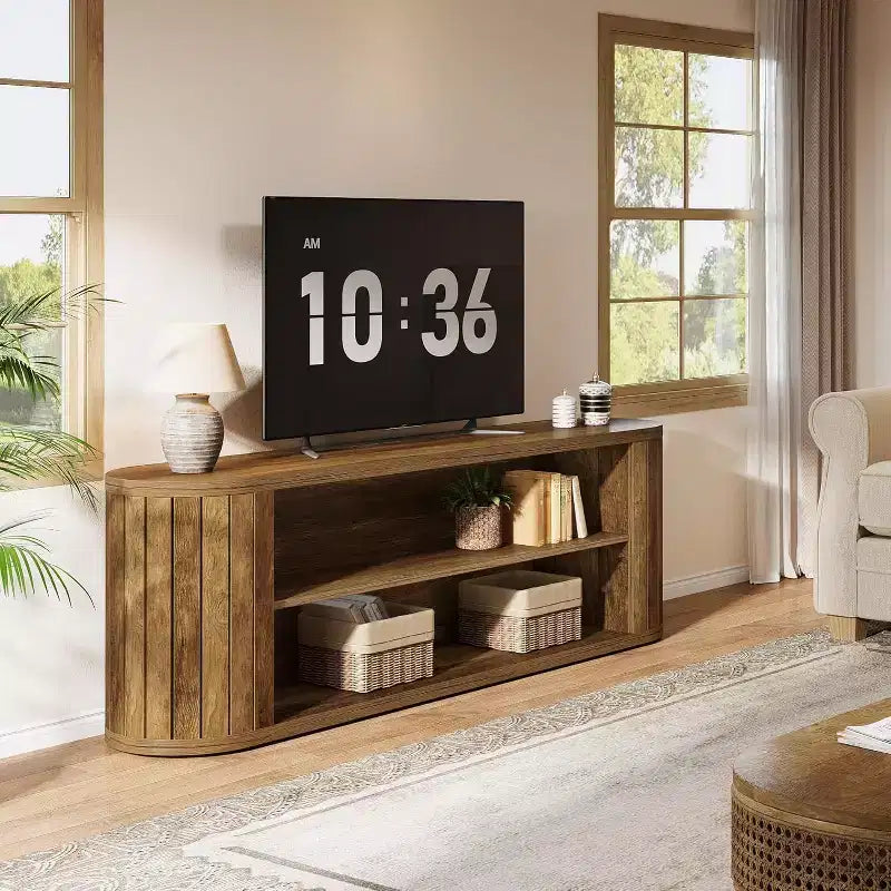 Meuble TV pour téléviseurs de 55/60/65/75 pouces, meuble de divertissement de style rustique avec étagère de rangement à 3 niveaux, console TV de 63 pouces pour salon, chambre à coucher (marron)