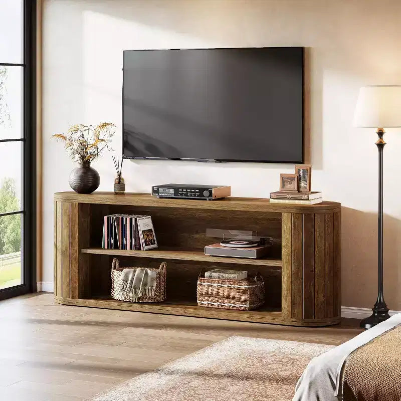 Meuble TV pour téléviseurs de 55/60/65/75 pouces, meuble de divertissement de style rustique avec étagère de rangement à 3 niveaux, console TV de 63 pouces pour salon, chambre à coucher (marron)