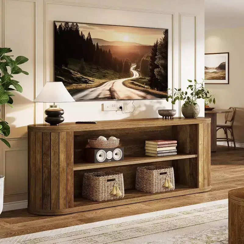 Meuble TV pour téléviseurs de 55/60/65/75 pouces, meuble de divertissement de style rustique avec étagère de rangement à 3 niveaux, console TV de 63 pouces pour salon, chambre à coucher (marron)