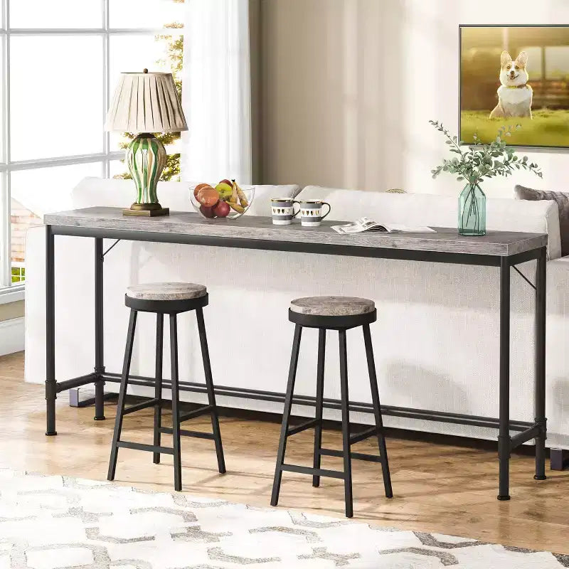 Table console extra longue de 70,9 pouces pour entrée, table de canapé étroite et longue derrière le canapé, table de bar industrielle gris rustique pour salon