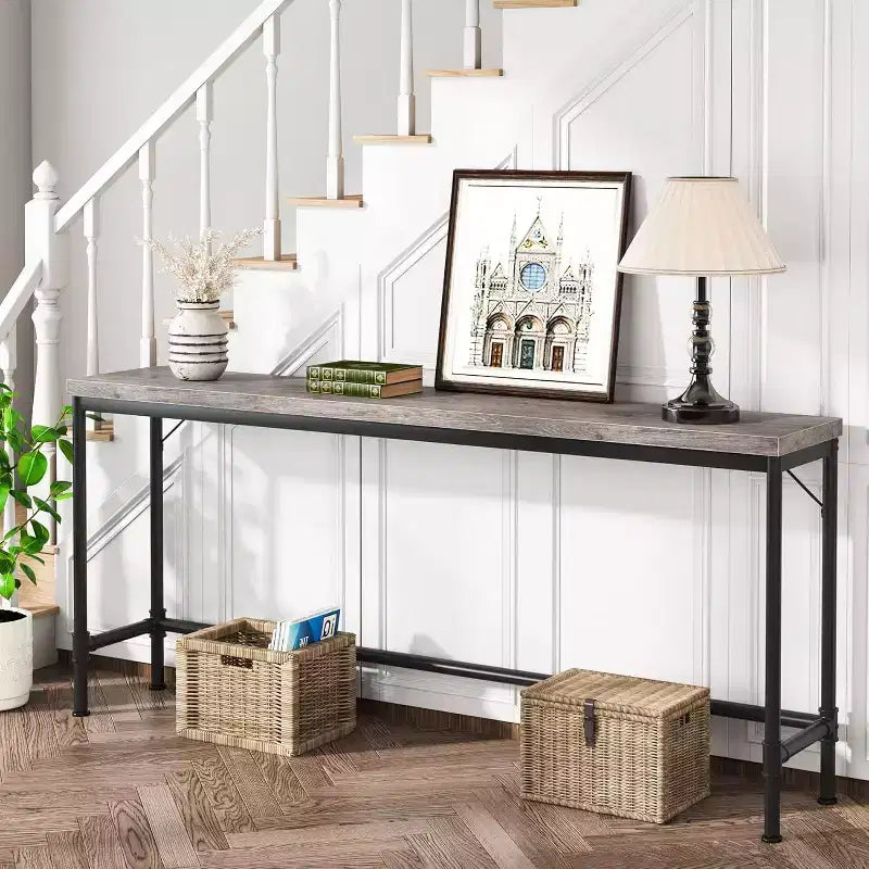 Table console extra longue de 70,9 pouces pour entrée, table de canapé étroite et longue derrière le canapé, table de bar industrielle gris rustique pour salon