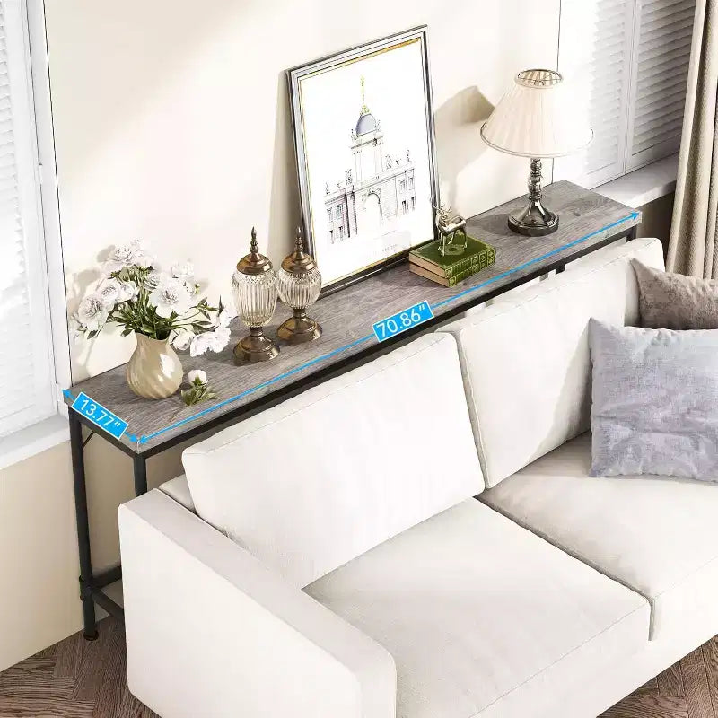 Table console extra longue de 70,9 pouces pour entrée, table de canapé étroite et longue derrière le canapé, table de bar industrielle gris rustique pour salon