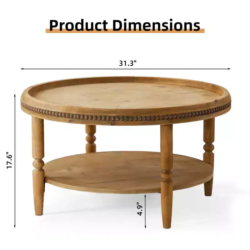 Table basse ronde de 31,3 pouces avec bord perlé, table de rangement rustique à deux niveaux pour balcon de salon, marron