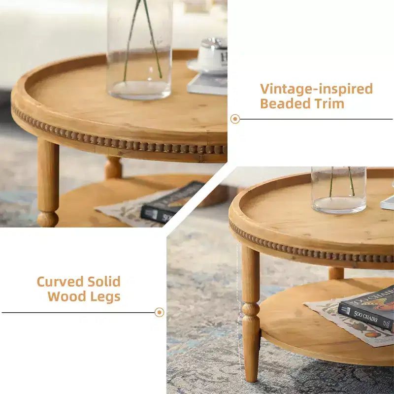 Table basse ronde de 31,3 pouces avec bord perlé, table de rangement rustique à deux niveaux pour balcon de salon, marron