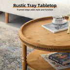 Table basse ronde de 31,3 pouces avec bord perlé, table de rangement rustique à deux niveaux pour balcon de salon, marron