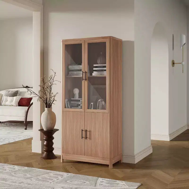 Bibliothèque vitrée Aveline 80 cm, style moderne du milieu du siècle, avec 2 portes vitrées et 6 étagères réglables