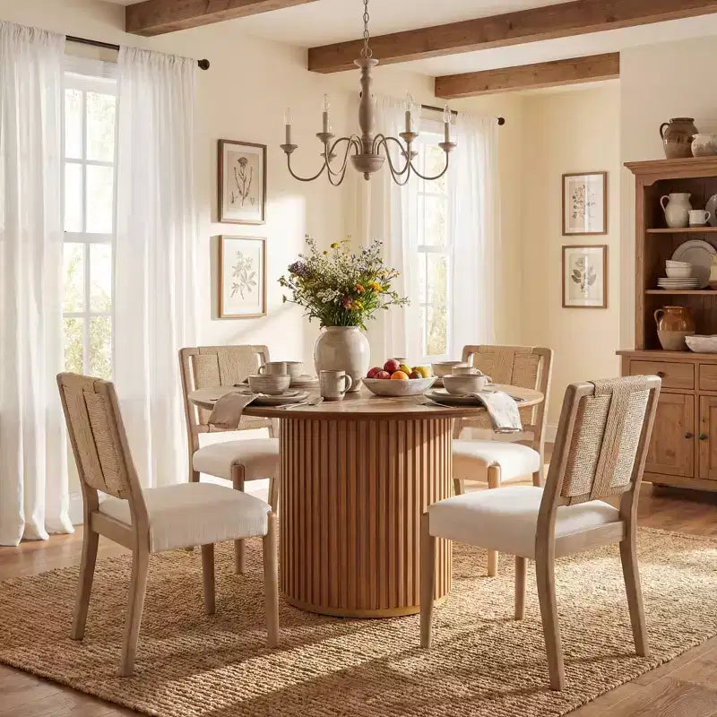 Ensemble de salle à manger rond 5 pièces Seema Modern avec chaises rembourrées en bois d'hévéa
