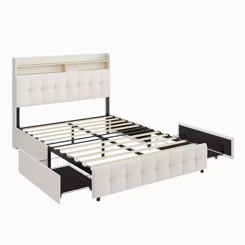 Lit double Acekool rembourré avec tiroirs de rangement et étagères de tête de lit