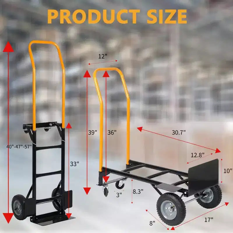 Chariot plateforme industriel 2-en-1 COZONY, diable robuste avec poignée télescopique et roues pivotantes verrouillables pour entrepôt et déménagement