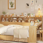 Lit de repos en bois Bellemave avec étagères de rangement, 2 tiroirs et bureau intégré, lit multifonctionnel peu encombrant, taille jumeau/double, naturel ou blanc antique.