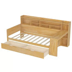 Lit de repos en bois Bellemave avec étagères de rangement, 2 tiroirs et bureau intégré, lit multifonctionnel peu encombrant, taille jumeau/double, naturel ou blanc antique.
