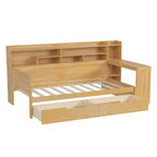 Lit de repos en bois Bellemave avec étagères de rangement, 2 tiroirs et bureau intégré, lit multifonctionnel peu encombrant, taille jumeau/double, naturel ou blanc antique.