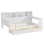 Lit de repos en bois Bellemave avec étagères de rangement, 2 tiroirs et bureau intégré, lit multifonctionnel peu encombrant, taille jumeau/double, naturel ou blanc antique.