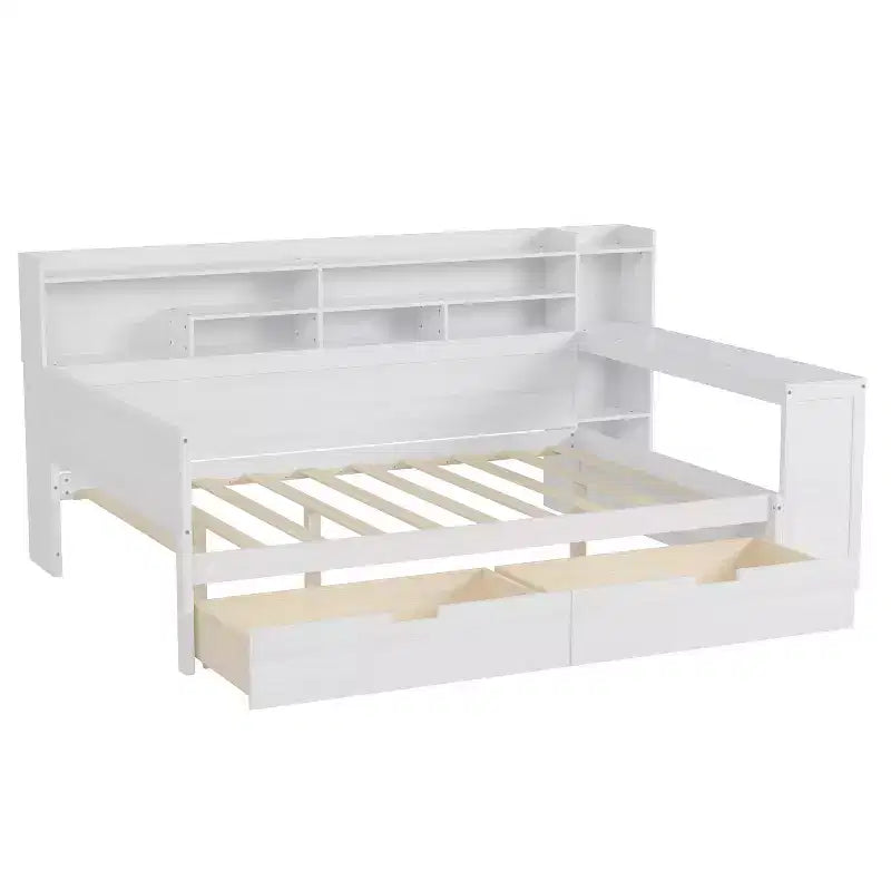 Lit de repos en bois Bellemave avec étagères de rangement, 2 tiroirs et bureau intégré, lit multifonctionnel peu encombrant, taille jumeau/double, naturel ou blanc antique.