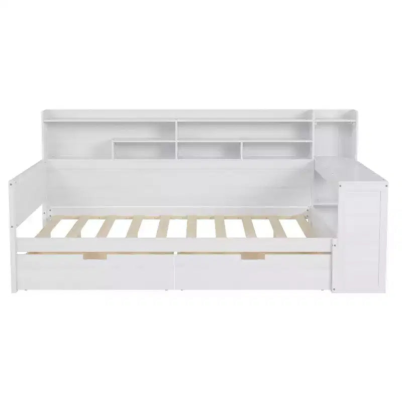 Lit de repos en bois Bellemave avec étagères de rangement, 2 tiroirs et bureau intégré, lit multifonctionnel peu encombrant, taille jumeau/double, naturel ou blanc antique.