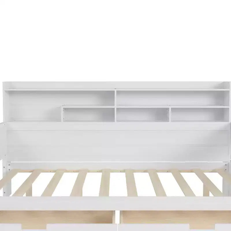 Lit de repos en bois Bellemave avec étagères de rangement, 2 tiroirs et bureau intégré, lit multifonctionnel peu encombrant, taille jumeau/double, naturel ou blanc antique.