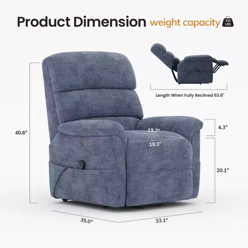 Fauteuil inclinable électrique avec massage, chauffage bi-zone et assistance au levage, dossier réglable, tissu velours pour salon, bureau