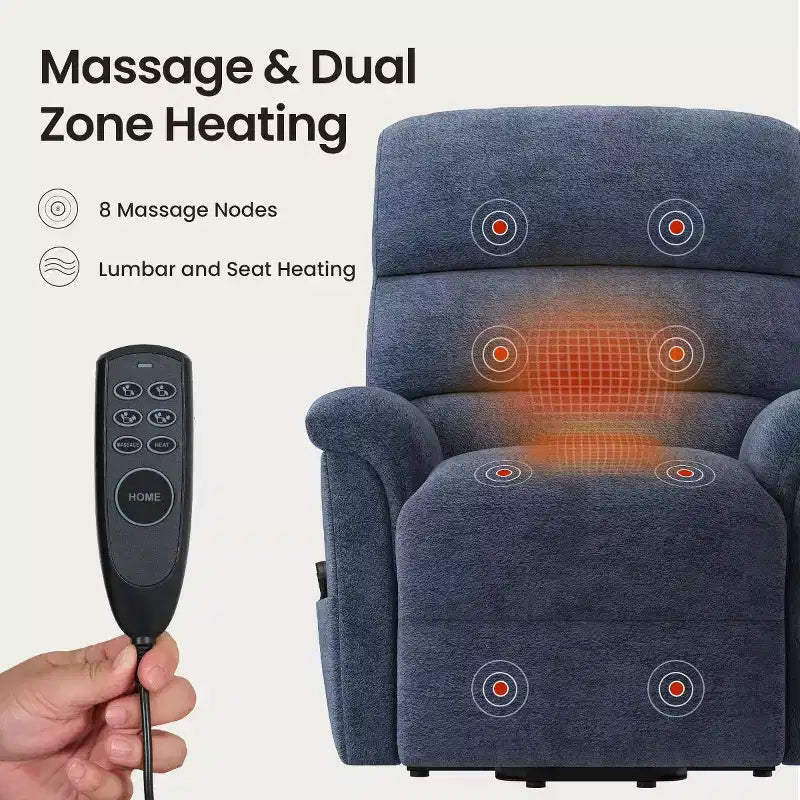 Fauteuil inclinable électrique avec massage, chauffage bi-zone et assistance au levage, dossier réglable, tissu velours pour salon, bureau