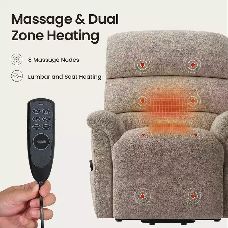 Fauteuil inclinable électrique avec massage, chauffage bi-zone et assistance au levage, dossier réglable, tissu velours pour salon, bureau