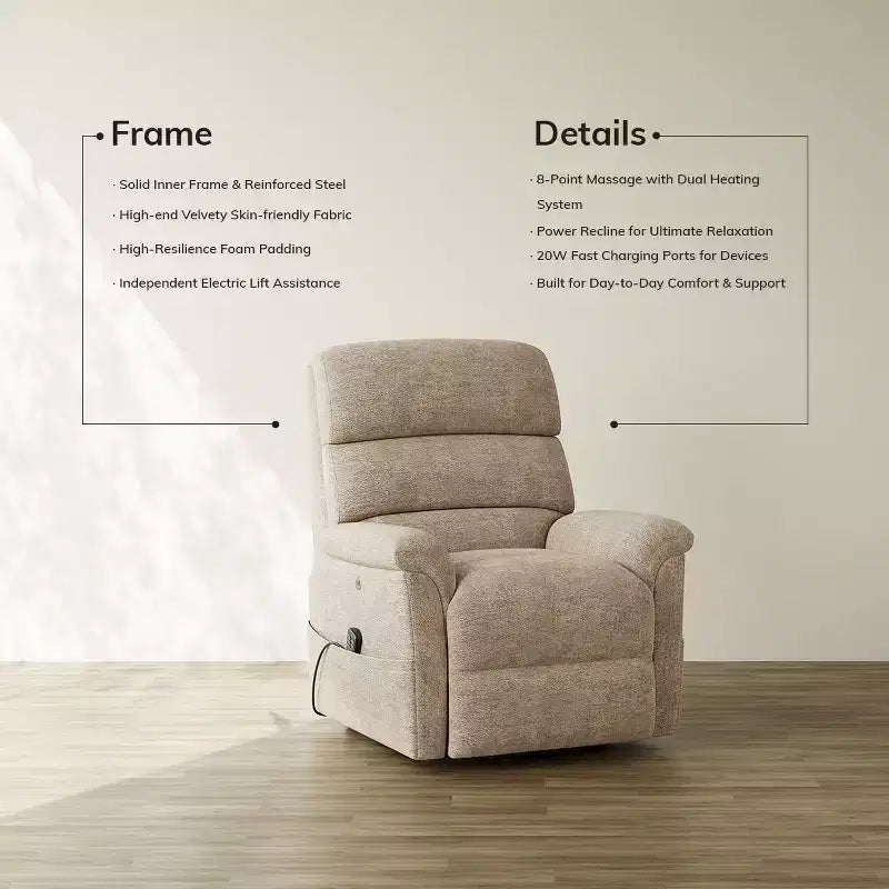 Fauteuil inclinable électrique avec massage, chauffage bi-zone et assistance au levage, dossier réglable, tissu velours pour salon, bureau