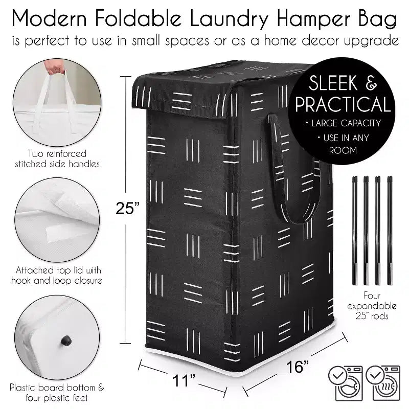 Sweet Jojo Designs Panier à linge pliable pour garçon, fille, unisexe/neutre avec poignées, motif bohème hachuré noir et blanc