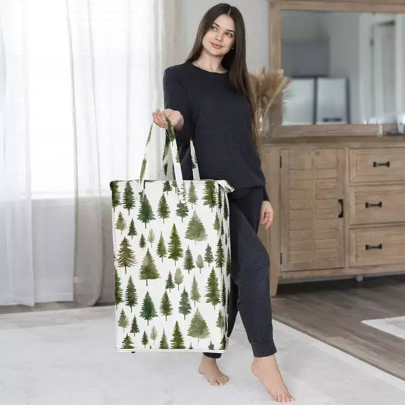 Sweet Jojo Designs Panier à linge pliable pour garçon, fille, unisexe/neutre avec poignées Motif pin sylvestre vert et blanc