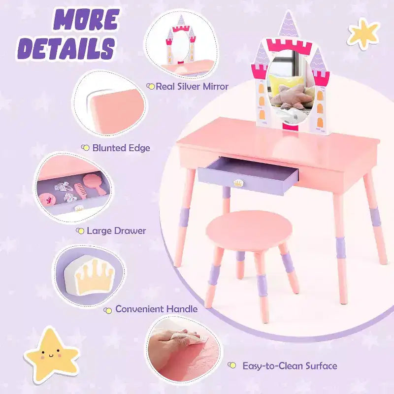 BALHAM TRADE-Coiffeuse Rose Enfant Château Jeu d'Imitation Table de Maquillage Chaise avec Tiroir Miroir