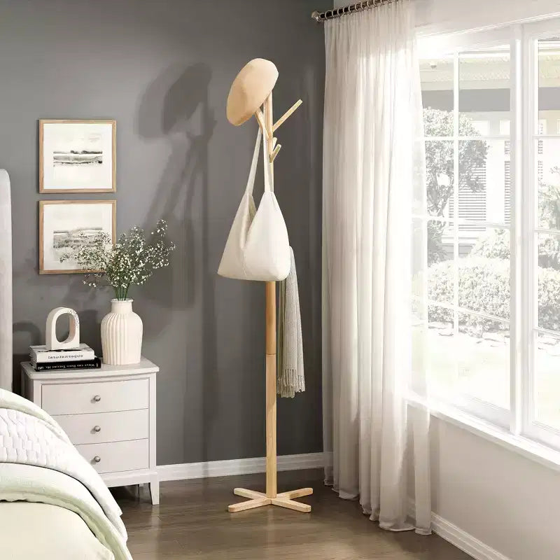 Porte-manteau en bois massif 70 cm avec 9 crochets et 3 niveaux de rangement pour entrée