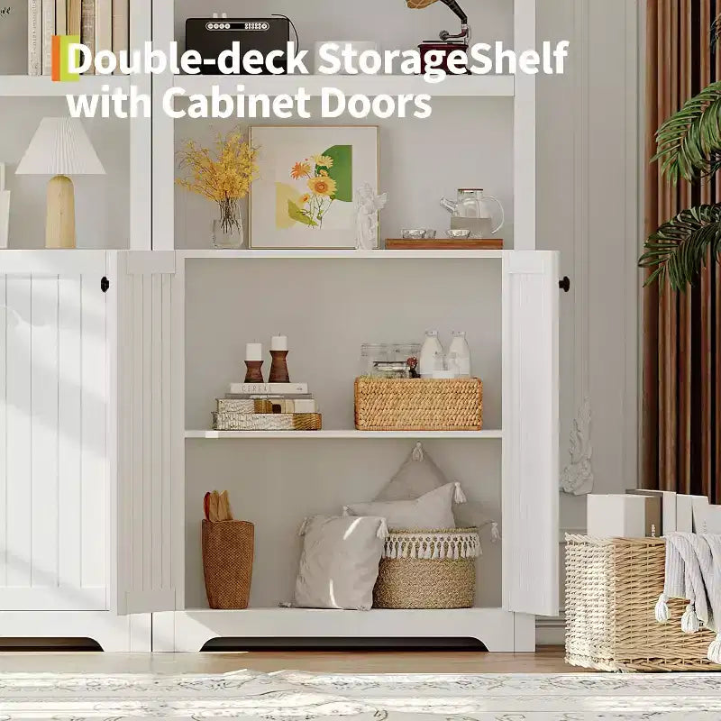 Meuble Blanc Moderne Voûté de 72 po - Étagère à 5 Niveaux en Bois avec Portes Doubles, Étagère Réglable, Poignées Noires, Bibliothèque Autonome pour Salon