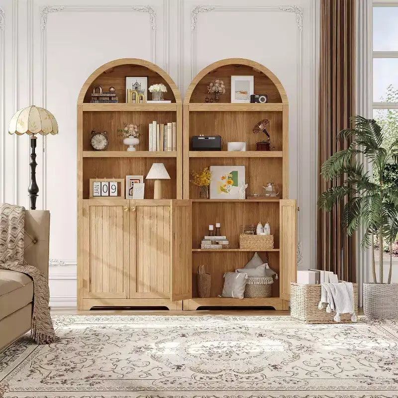 Meuble Blanc Moderne Voûté de 72 po - Étagère à 5 Niveaux en Bois avec Portes Doubles, Étagère Réglable, Poignées Noires, Bibliothèque Autonome pour Salon