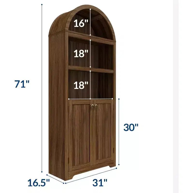 Meuble Blanc Moderne Voûté de 72 po - Étagère à 5 Niveaux en Bois avec Portes Doubles, Étagère Réglable, Poignées Noires, Bibliothèque Autonome pour Salon